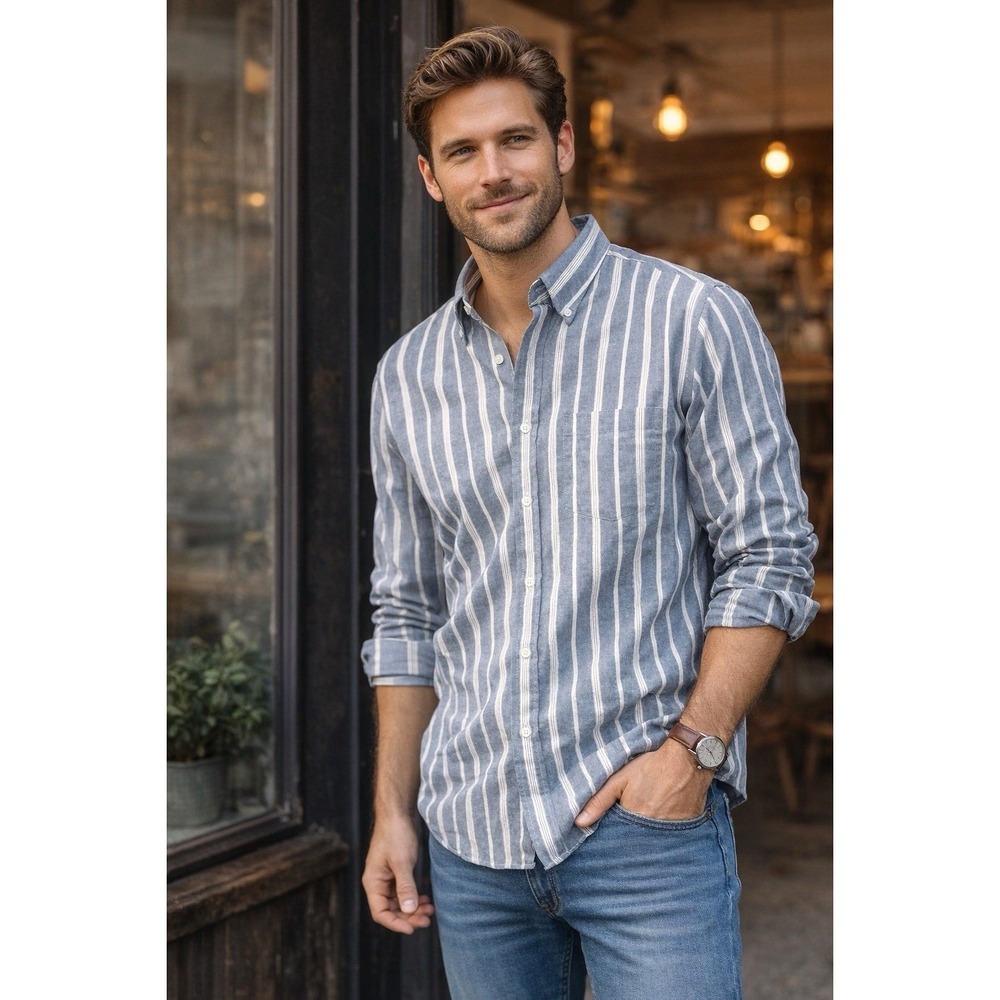 Manhattan Stripe Button Down Shirt Men 17.5 Gray White Classic Cotton Blend Work